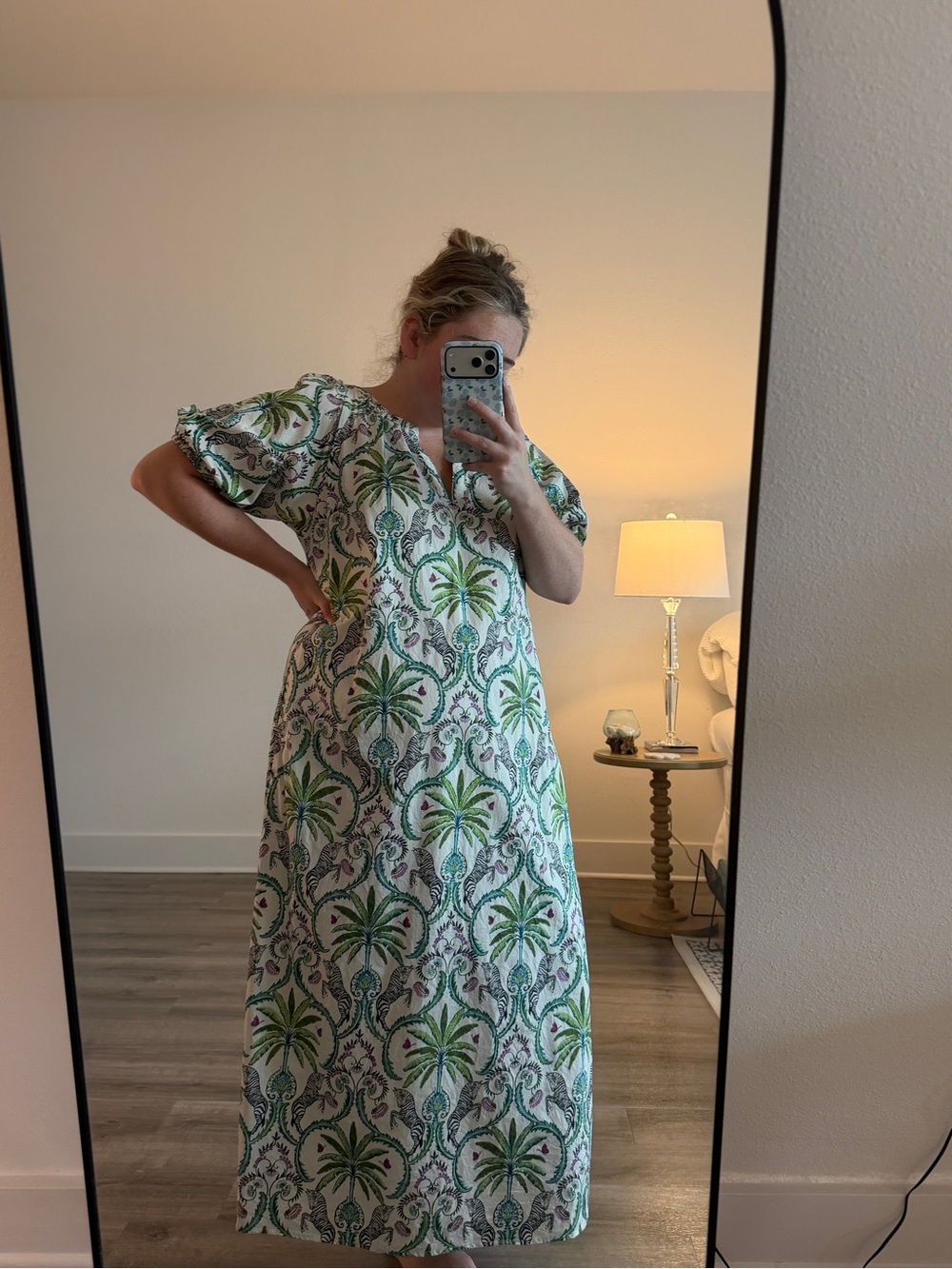 J. McLaughlin White Maxi Dress with Green Palm Motif